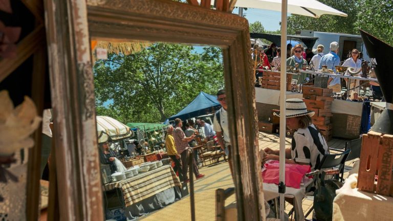 Visitantes recorriendo los puestos de antigüedades y objetos vintage en el Gran Desembalaje de Las Rozas